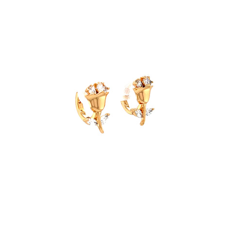 These elegant Rose Gold-filled huggie earrings, named "Rose flower Zirconia Stones and Petals," feature intricately designed petals and small leaves adorned with sparkling zirconia gems. They are positioned symmetrically on a white background.